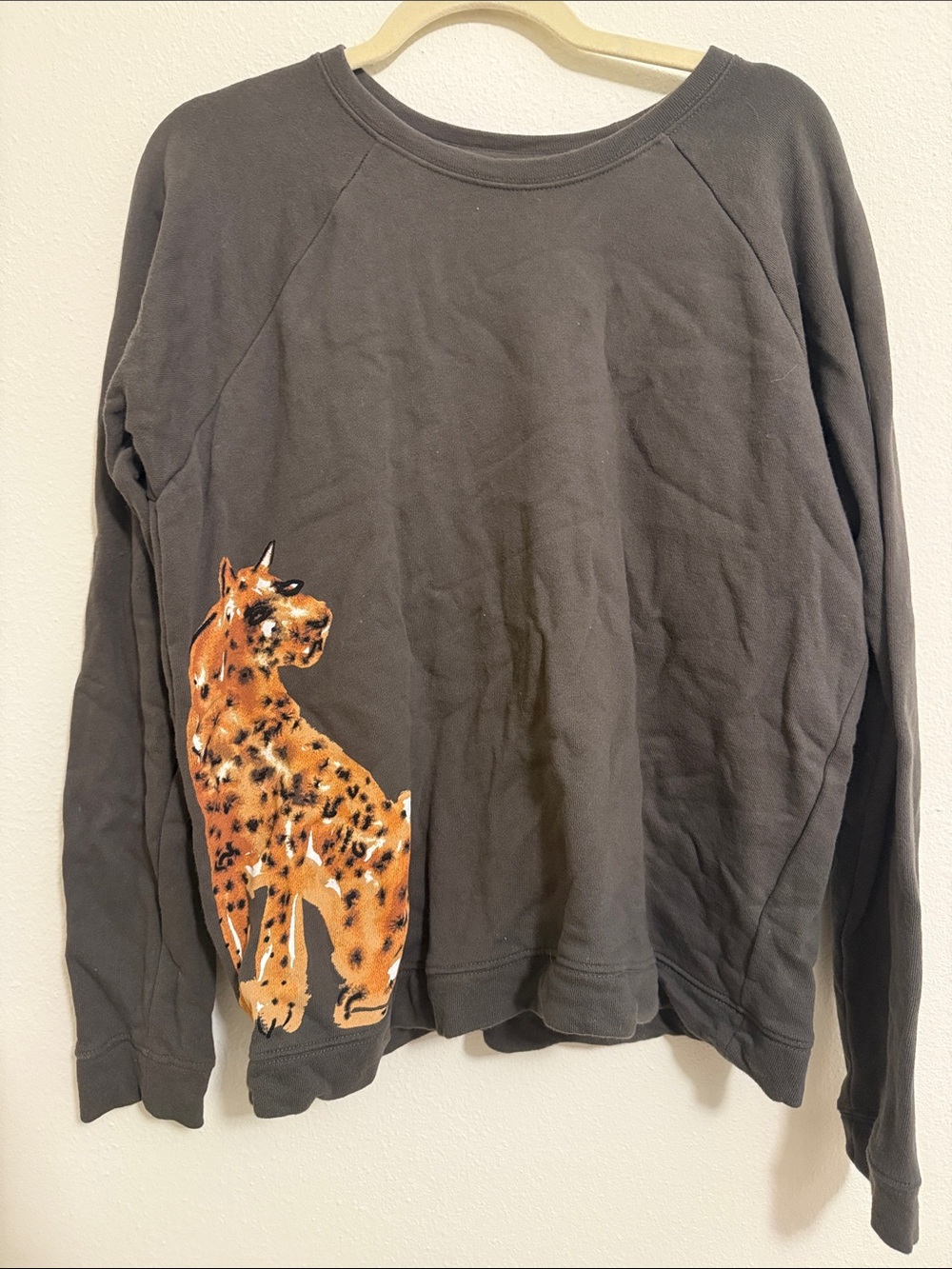 Anthropologie Black Crewneck Sweatshirt with Leopard Motif